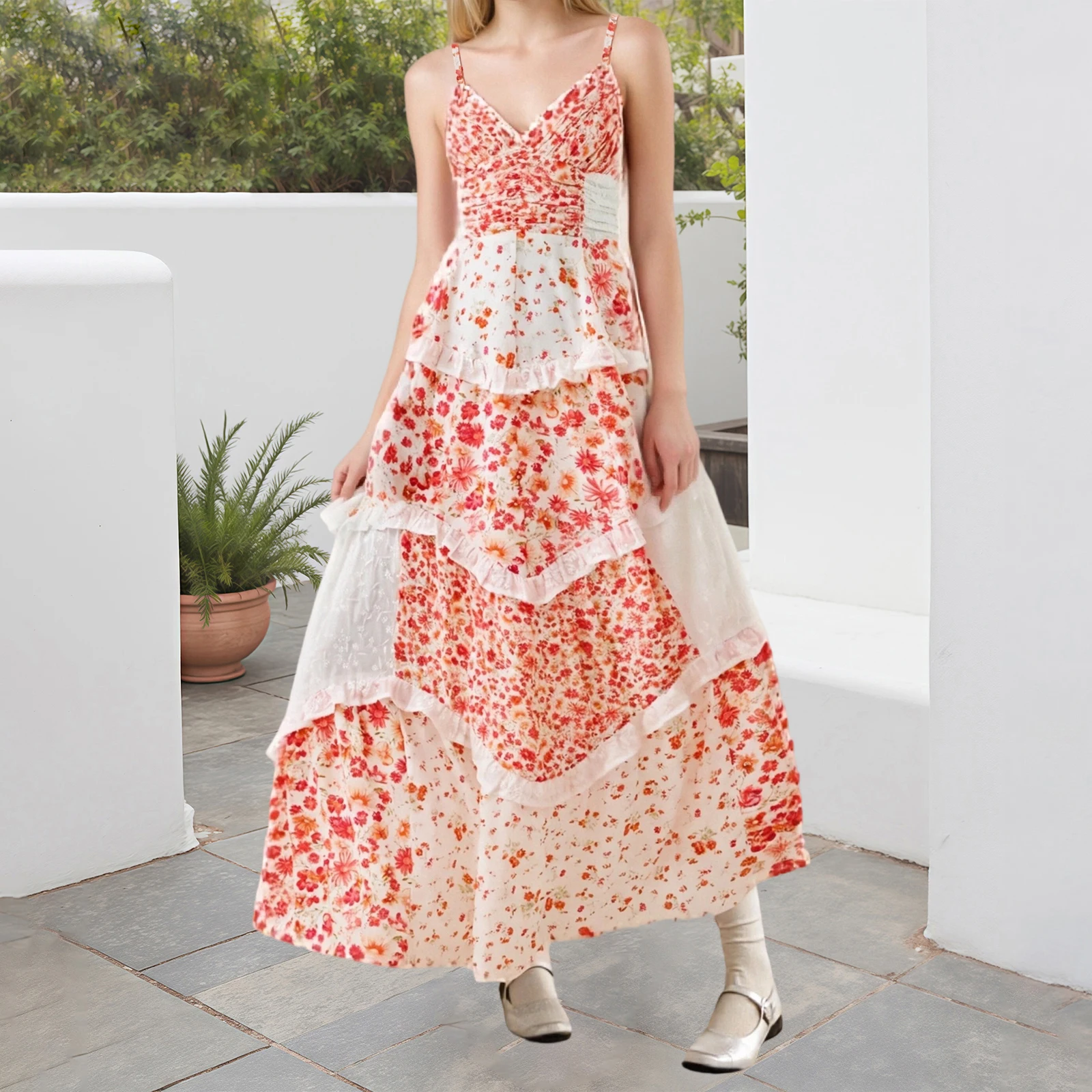 Abito lungo estivo da donna di nuova moda, senza maniche, aperto sul retro, scollo a V, stampa floreale, abito da spiaggia, vendita calda SML