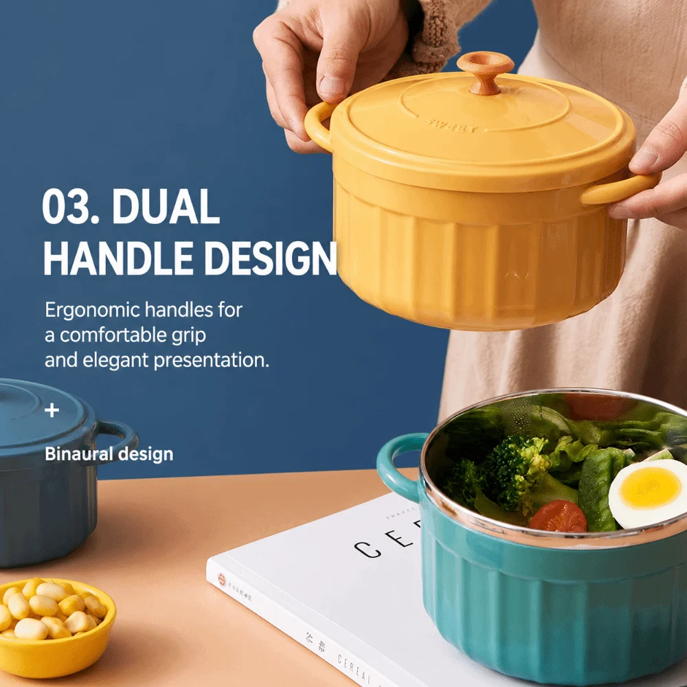 Stainless Steel Double-ear Noodles Bowl Large Capacity Heat-Insulated Ramen Bowl Leak-Proof with Lid Soup Mug for Office Dorm