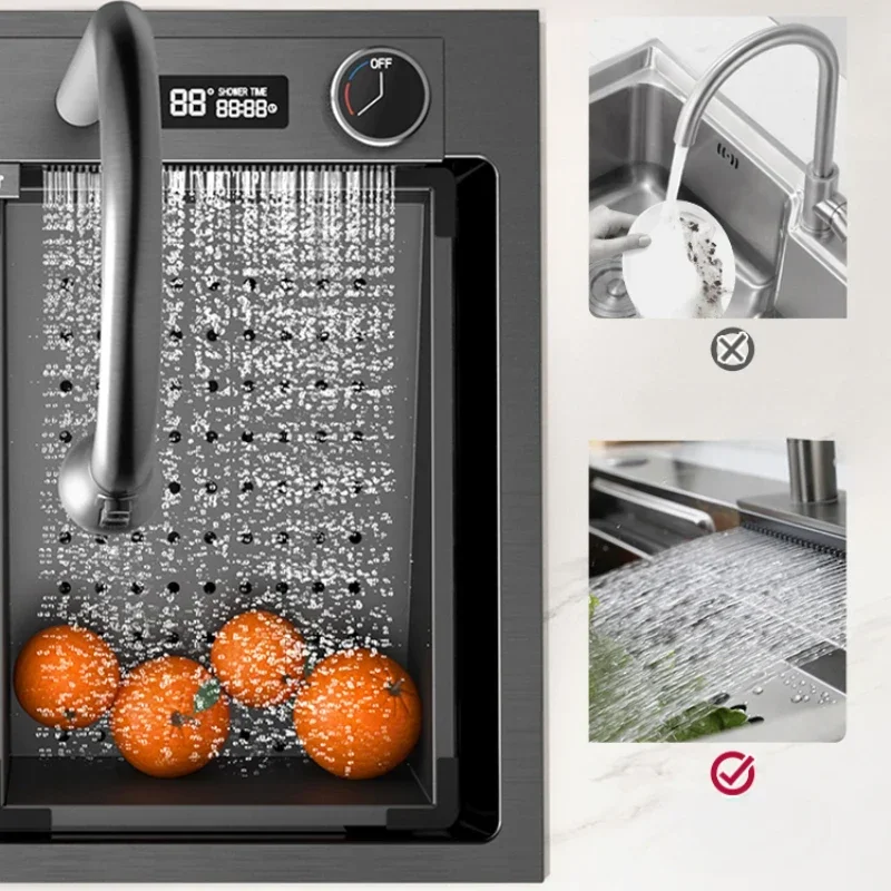 Smart Digital Display Stainless Steel Kitchen Sink Multifunctional Waterfall Large Single Slot Gourmet Faucet Set Washing Pool