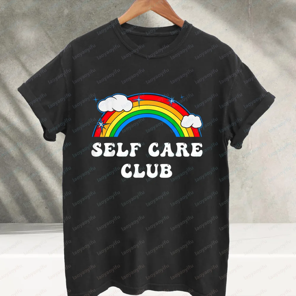 Self Care Club Retro Rainbow Cloud Graphic T‑Shirt Positive Mental Health Motivational Text Print Cotton Casual Streetwear Tees