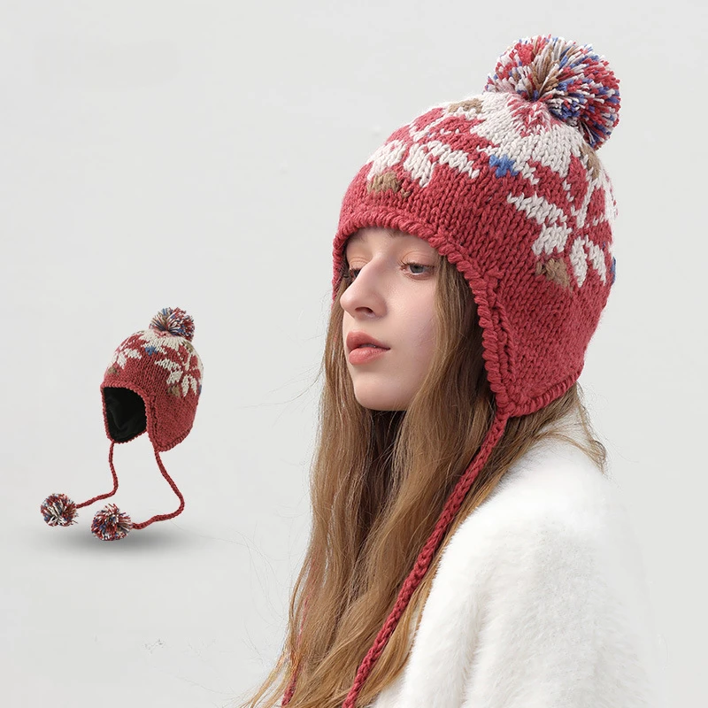 USPOP Autumn Winter  Women Beanie Hats with pom poms Jacquard  Lace-up Knitted Hat Warm Thickened Beanies with Earmuffs