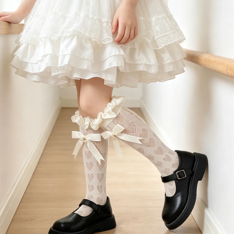 Kawaii Kids Long Socks For Girls Heart Breathable Mesh Pearl Pendant Big Satin Bowknot Smooth Satin Trim Soft Elastic Stockings