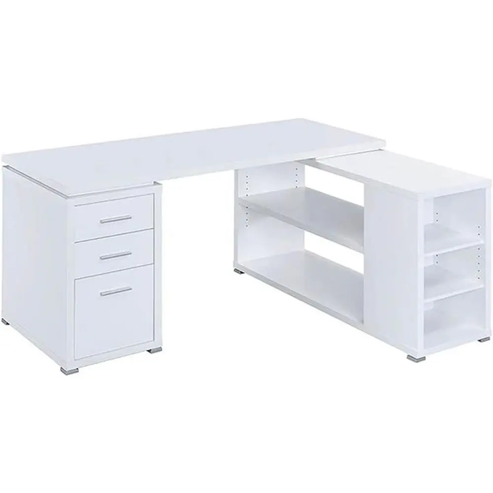 

Современный L-образный стол, 60W x 47.25D x 29.5H, МДФ и светлая древесина, белое и серебристое покрытие, 3 ящика и 5 полок, стол для домашнего офиса.