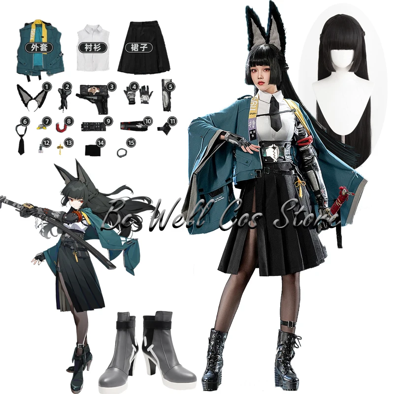 Zenless Zone Zero Hoshimi Miyabi disfraz de Cosplay, peluca de oreja, pelo largo negro, casa suave, zapatos de juego de rol para Halloween, accesorio para mujer y hombre