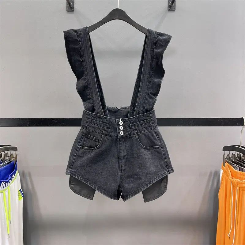 

Fashion High Waist Buttons Denim Shorts Y2k Spliced Ruffle Overalls All Match Preppy Style Strap Shorts Casual Girl Hot Shorts