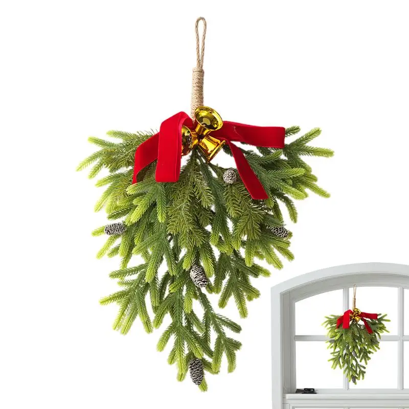 

Christmas Door Swag Decorative Artificial Swag Greenery Teardrop Wreath With Bowknot Pinecone Bell Christmas Decoration For Home