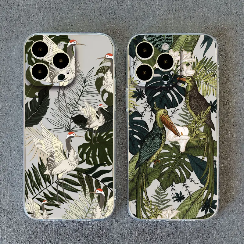 Monstera Leaves Palm Tree Flower Bird Clear Phone Case for iPhone 12 13 11 14 Pro Max Mini 8 7 14 Plus XS XR X Transparent Shell