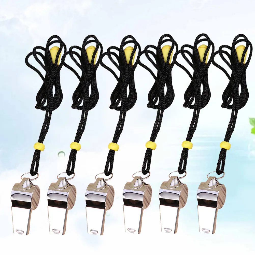 6Pcs Stainless Steel Whistles Black Lanyard Metal Referee Whistles for Football Basketball Soccer Lifeguard Safety
