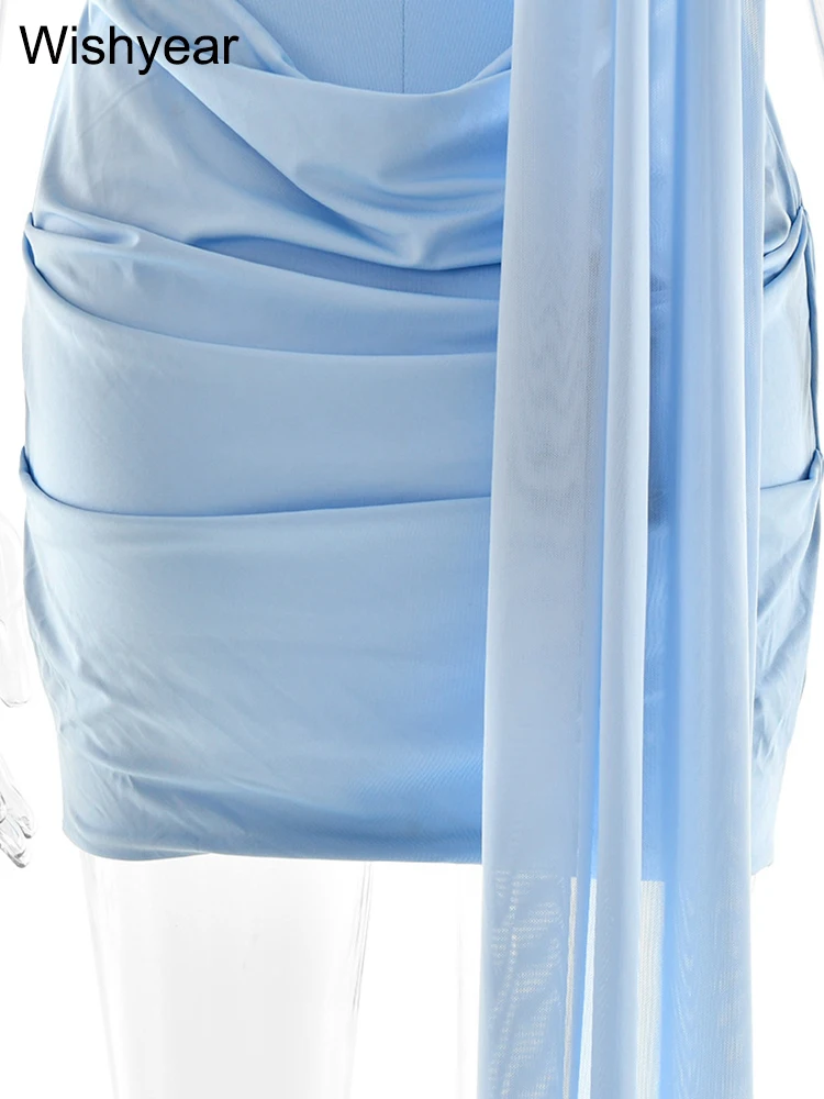 Wishyear 섹시한 오프 숄더 민소매 백 레이스 셔링 Bodycon 커피 미니 드레스 여성 우아한 저녁 파티 생일 베스 티드