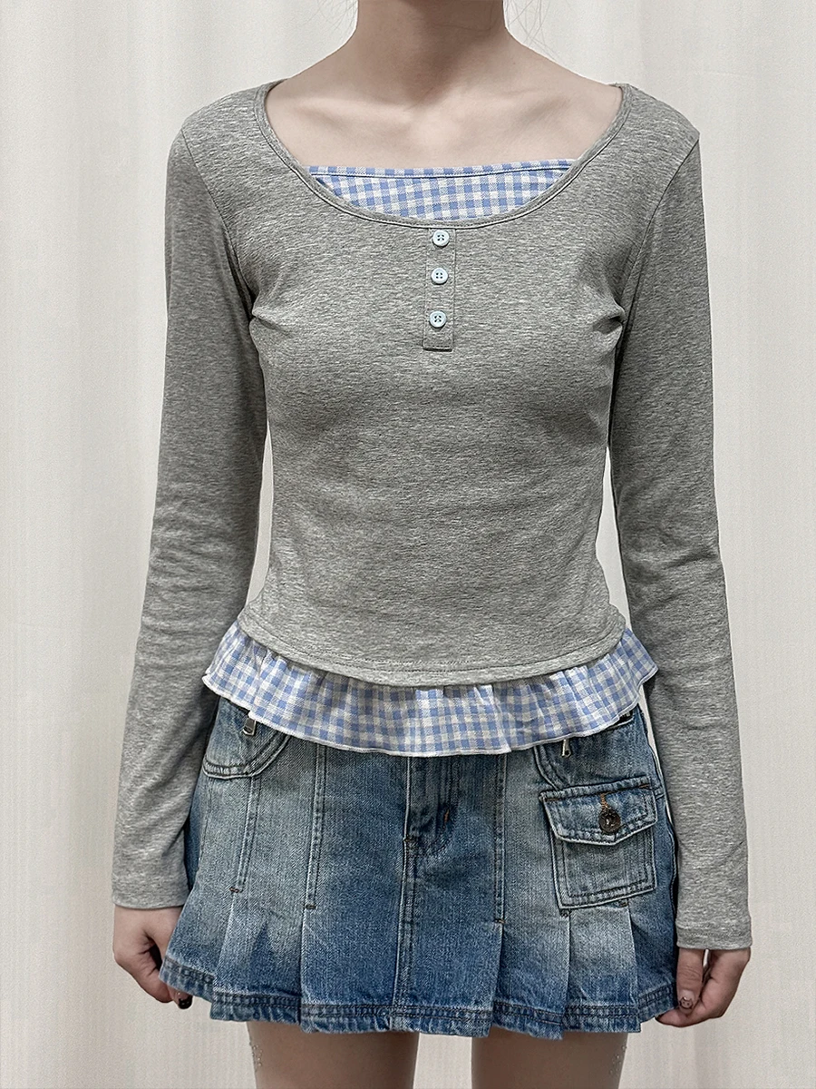 

Женская приталенная футболка с эффектом двухслойности, длинным рукавом и круглым вырезом, весенняя повседневная модная модель