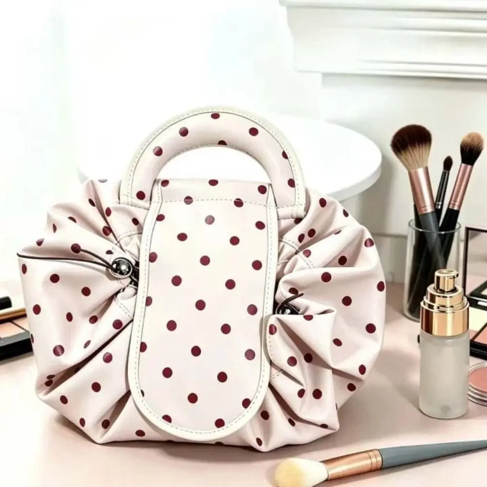 Waterproof Drawstring Makeup Pouch Foldable Washable Polka Dot Cosmetic Bag Soft Spacious Lazy Travel Organizer Women