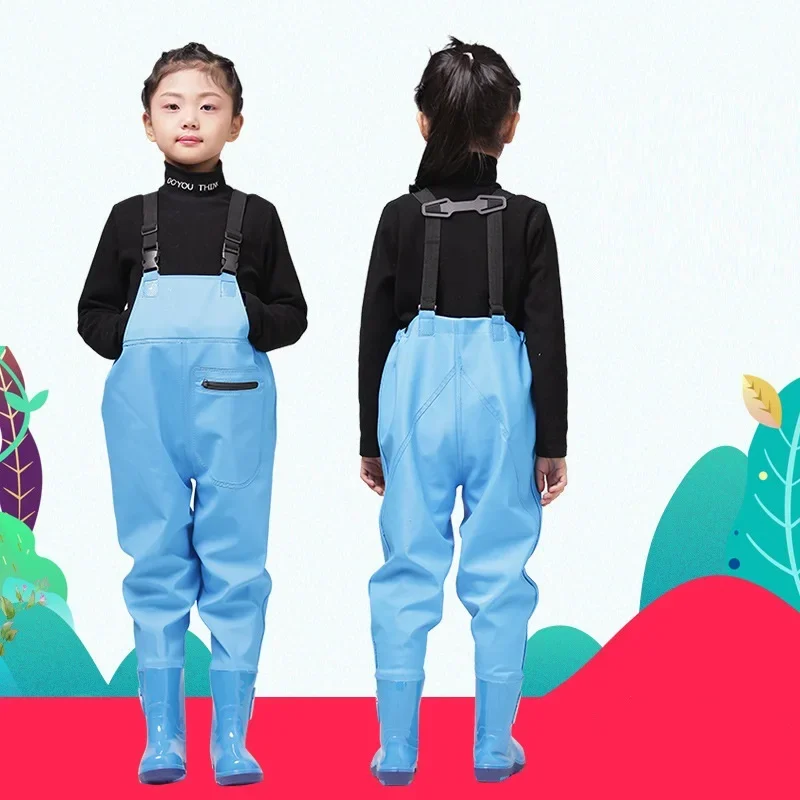 

Fishing Chest Waders with Boots for Kids Outdoor Activities Girls Boys PVC Rain Pants+Waterproof Bootfoot, Max Foot 22cm(8.65in)