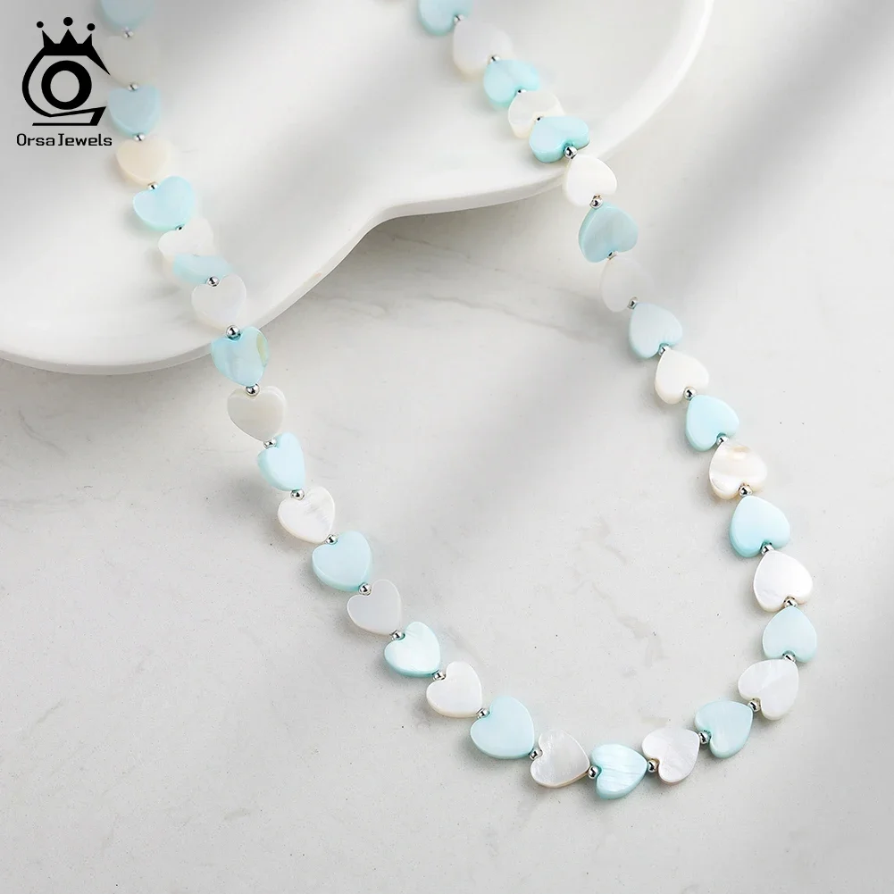 

ORSA JEWELS Vintage Natural Heart Shell Necklace for Women Boho 925 Sterling Silver Choker Chain Shell Beads Jewelry PSN11