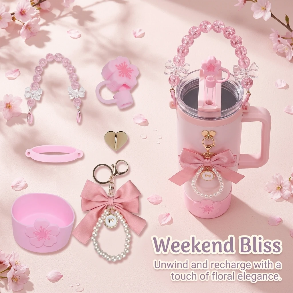 6pcs Tumbler Accessories Set for 40oz Cup, Perfect Gift, Cute Pink Bow Cherry Blossom Decor for Cup Decor for Women Gift