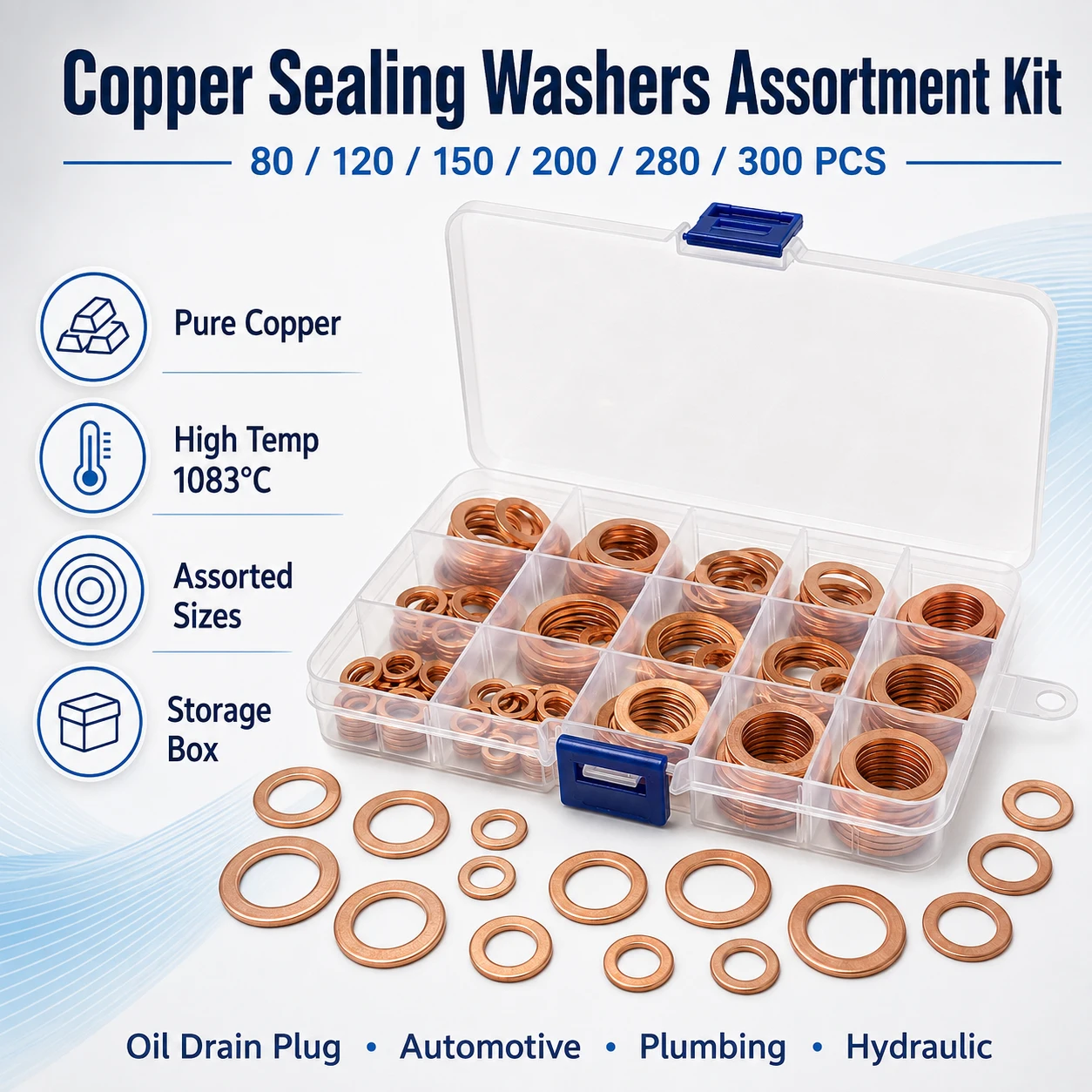 1 Box High Temp Coppers Sealing Washers Assortment, Crush Flat Gaskets Set for Automotive Plumbing Hydraulic Oil Drain Plug