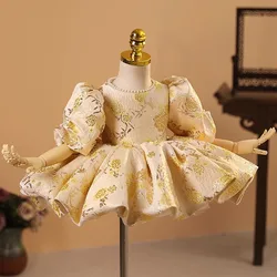 New Arrival Elegant Golden Puffy Kids Party Dress Formal Little Children Birthday Flower Girls Dresses Red Baby Princess Dress