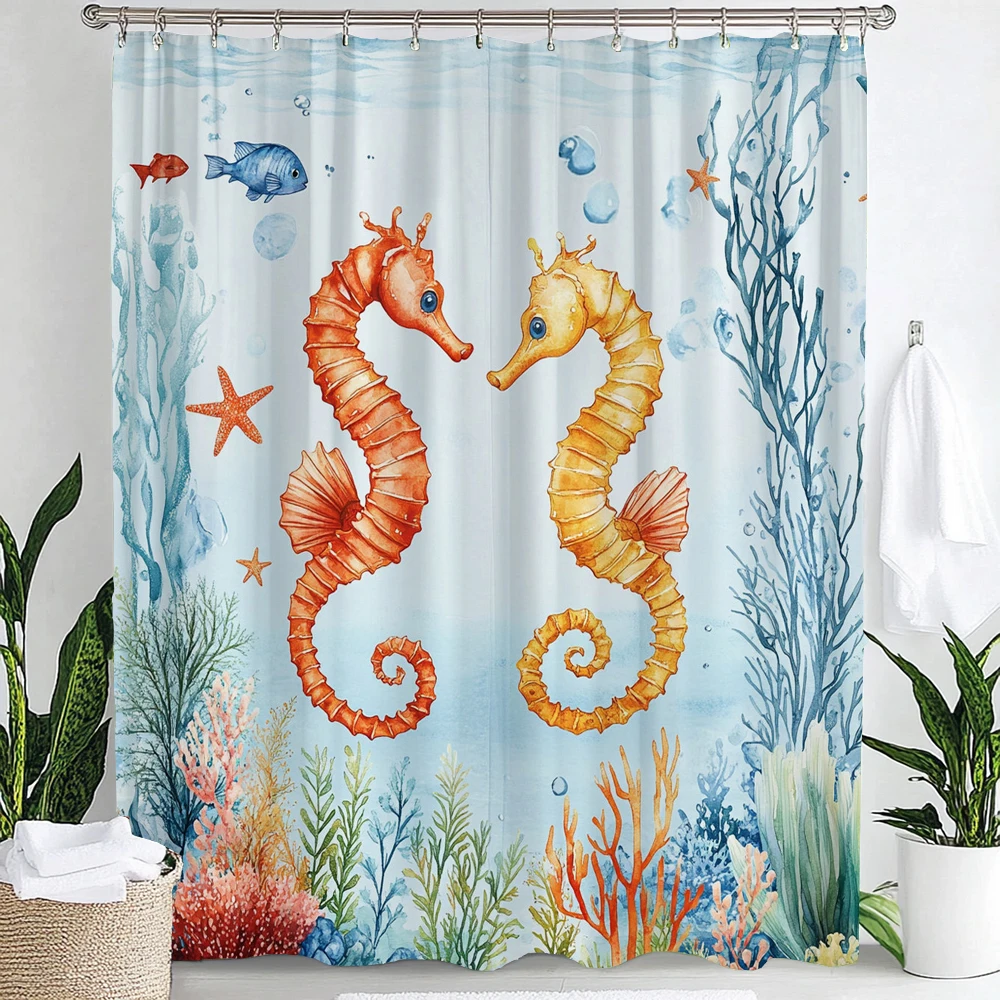 

1pc Blue Ocean, Hippocampus Print Waterproof Shower Curtain,Underwater World Bathing Curtain Partition Privacy Hanging Curtain