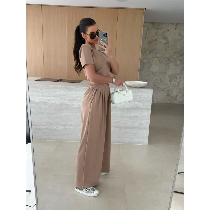 Plus Size Dames Casual Sport 2-delige sets Outfits Trekkoord T-shirt met korte mouwen + Effen losse rechte broekpak