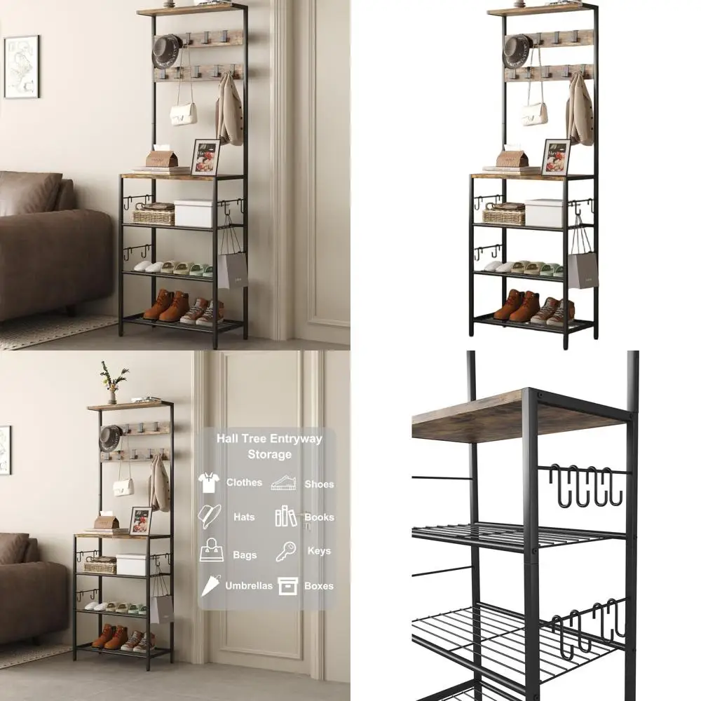 

5-Tier Shoe and Coat Rack with 9 Hooks, Freestanding Entryway Organizer, Rustic Brown