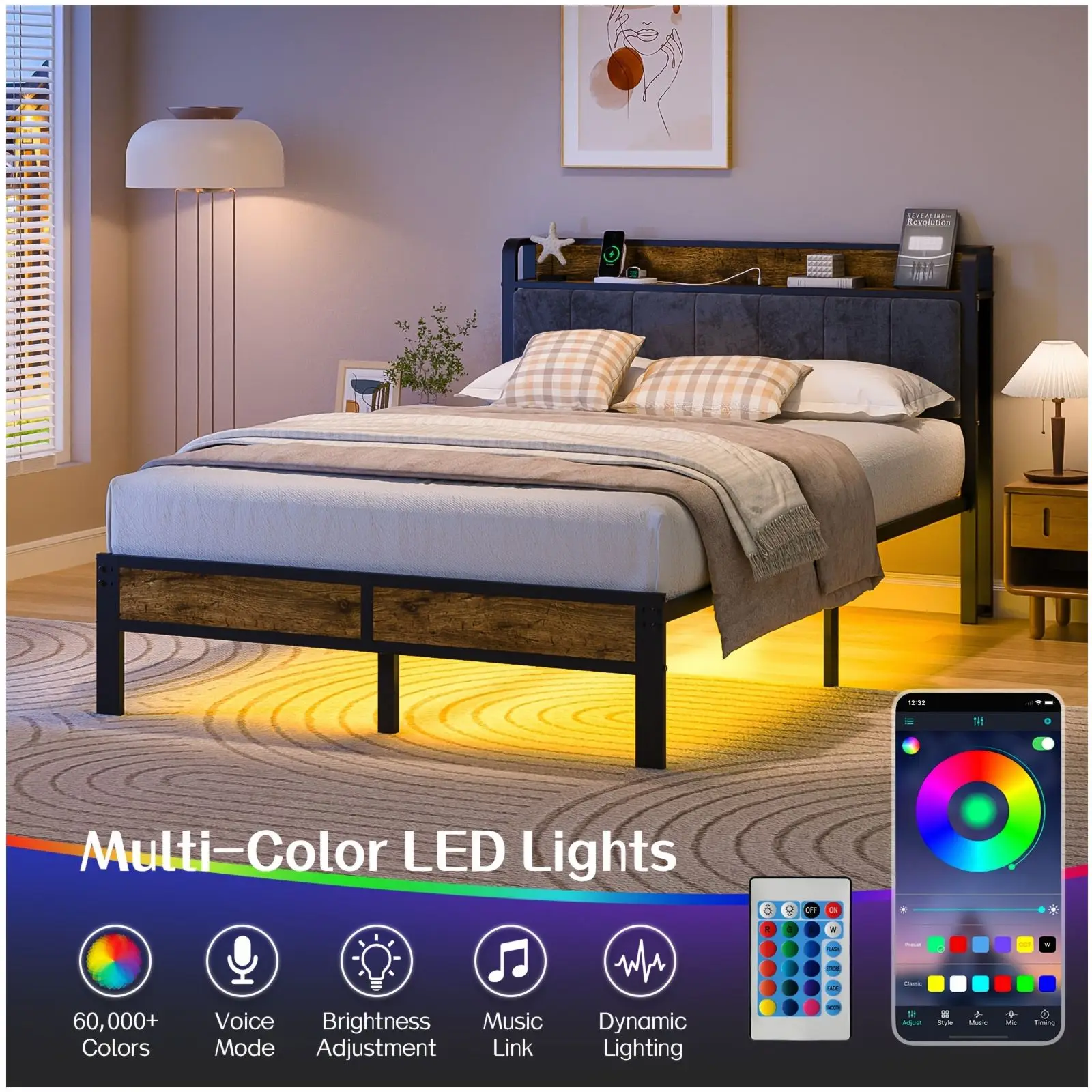 Modern Metal Platform Bed Frame with Built-in LED Lighting, Integrated Storage Headboard, and Dual USB Charging Ports (USB-A + USB-C) — No Box Spring Required. Available in Twin, Full, Queen, and King Sizes. Sleek low-profile design with smooth matte fini