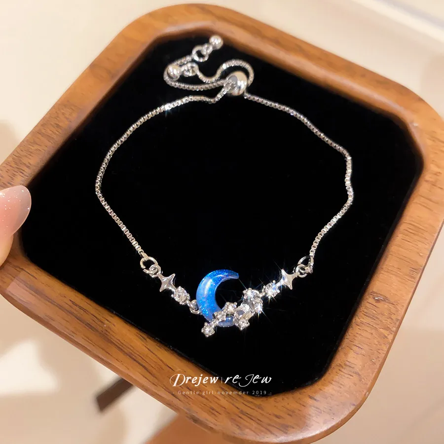 DREJEW Bracelet Blue Sparkle Inlay Oval Cut Stone Continuous Link Slim Chain Elegant Minimalist Design Jewelry for Women