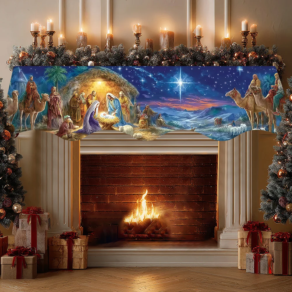 VIKAMA Christmas Fireplace Mantel Scarf Nativity Scene Mantel Topper Xmas Fireplace Shelf Cover Religious Indoor Home Decor