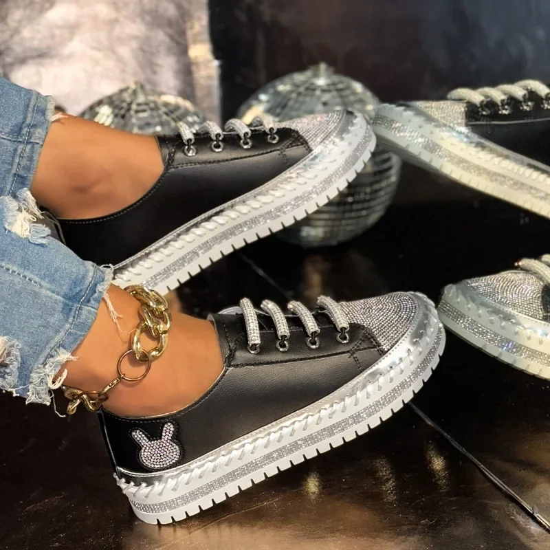 

Женские повседневные кроссовки со стразами и кристаллами, женская обувь на платформе, модная спортивная обувь на шнуровке, удобные элегантные женские туфли на плоской подошве