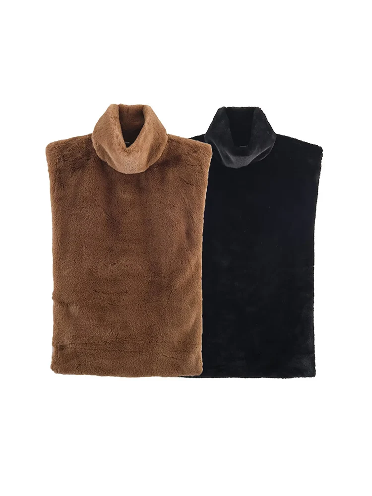 

Новая женская одежда в европейском стиле, модная, универсальная, элегантная, простая однотонная, жилет без рукавов с высокой горловиной и меховой отделкой.