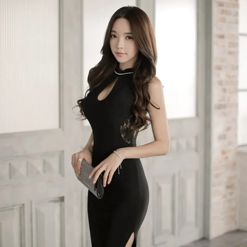 Sexy Black Dress Korean Women Mandarin Collar Lace Dress Sleeveless Sheath Bodycon Short Dress Female Backless Nightclub Dress