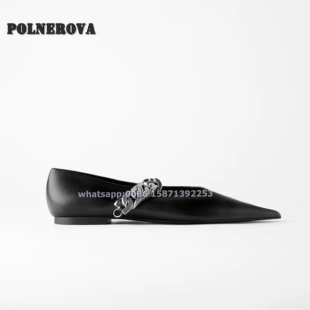 Zapatos de tacón negros con decoración de cadena de Metal, calzado plano de punta estrecha, sin cordones, sólido, informal, cómodo, novedad de 2024