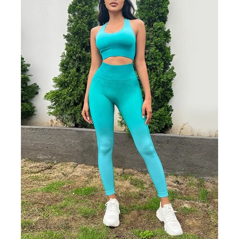 Krisnanas Gradient Women's Pants Sets U Neck Tanks Top Hip Lifting Skinny Leggings Smooths Sporty New in Matching Sets 116863