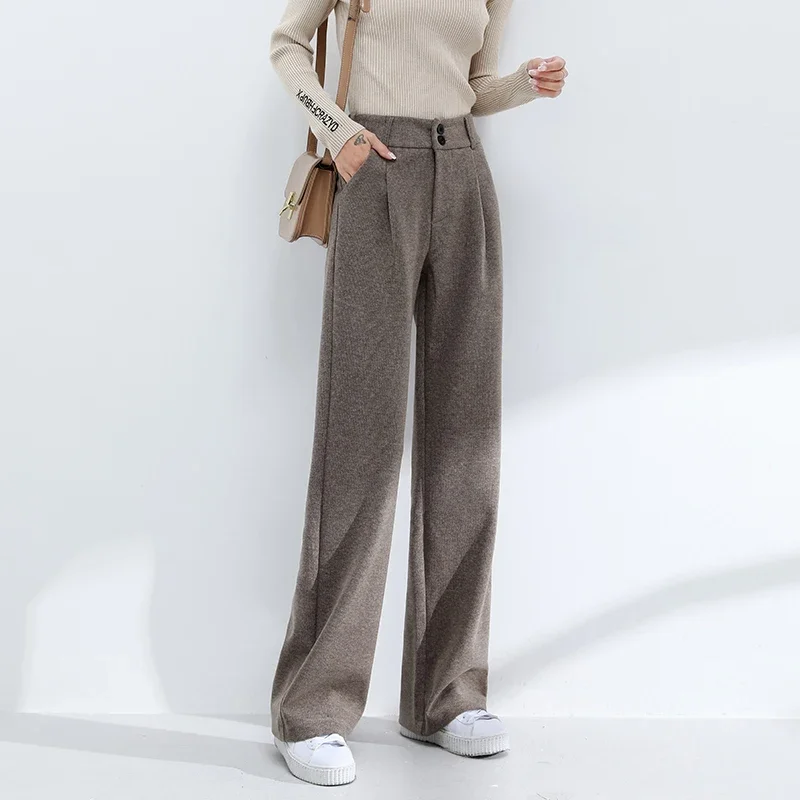 

New Woolen Wide-leg Pants Women's Autumn and Winter High Waist Drape Casual Thick Loose Ground Straight Trousers