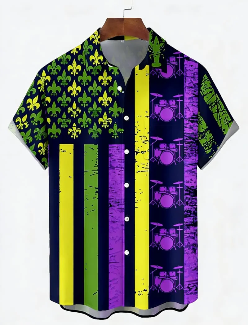 Men's Bold Premium Vibrant Festive Mardi Gras Print Short Sleeve Shirt Casual Fashion For Carnival Parties And Street Outfits