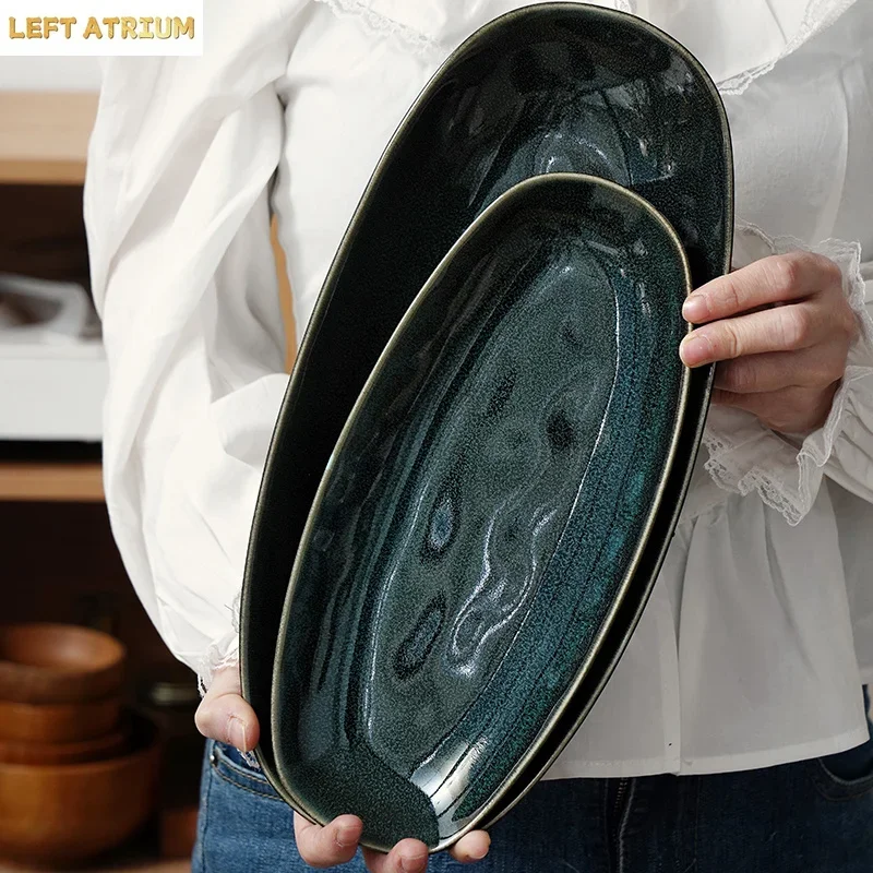 Flame-Killed Ceramic Fish Plate Oval Sushi Sashimi Plate Dessert Pastry Plate Serving Plates Molecular Cuisine Tableware