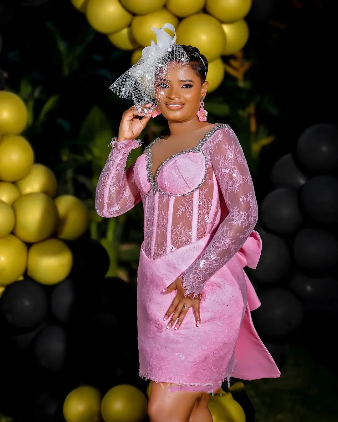 Pretty Pink Cocktail Dress With Sleeves Lace Bow Sheath Illusion Sheer Neck Sequins Beaded Short Prom Gowns Evening Wear Custom