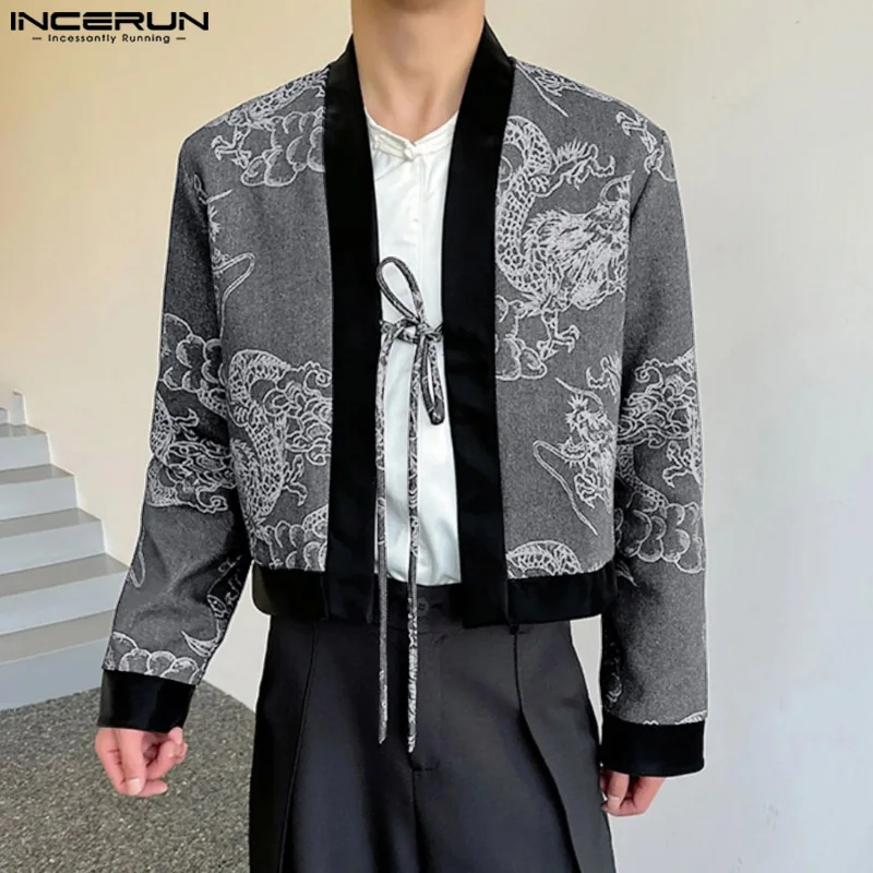 INCERUN Men Coats Long Sleeve Open Front Lace Up Vintage Ethnic Chinese Style Jackets Dragon Printed Contrast Color Cropped Coat