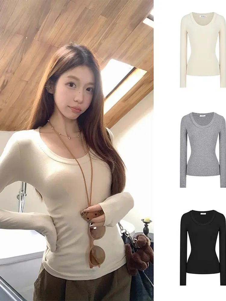 

Slim Fit round Ne Long Sve T-irt Casual Sle Versatile Design Autumn New Arrival Women's Chic Top High Waist Polyeste...