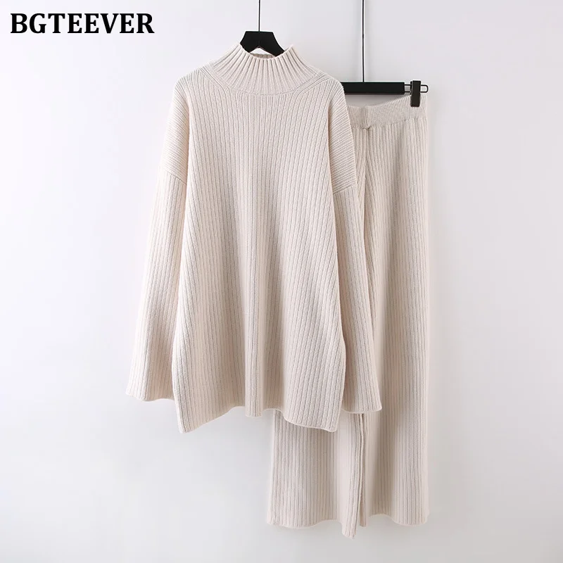 BGTEEVER Autumn Winter Thicken Warm Ladies 2 Pieces Knitted Outfits Long Sleeve Half High Collar Sweaters Women Knitting Pants