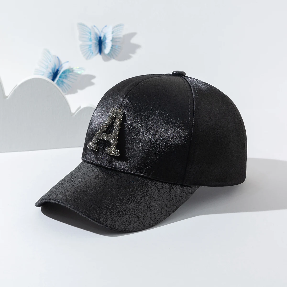 Korean Style Sequined Diamond Letter A Baseball Cap Spring and Autumn Patchwork Bright Silk Adjustable Sunshade Baseball Cap