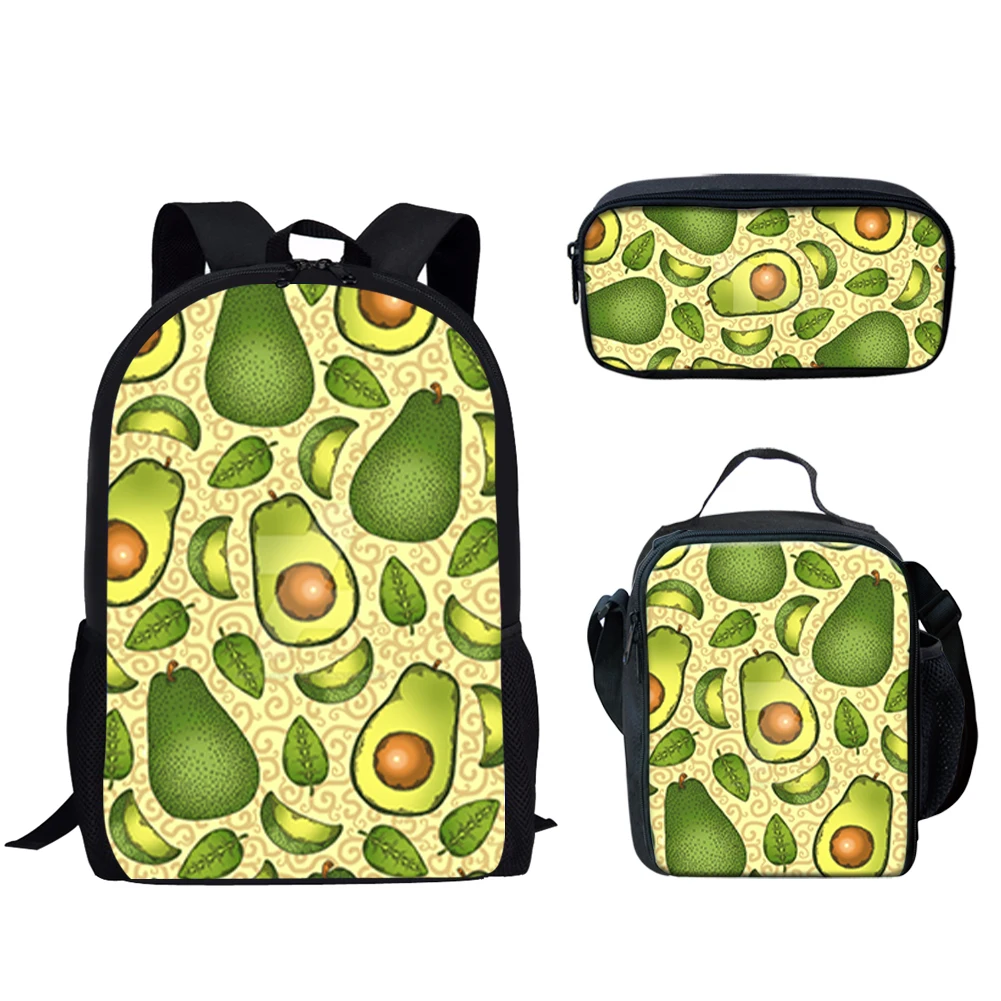 Ensemble de sacs d'école à motif d'avocat vert pour adolescents, sac à dos décontracté, sac à lunch, étui à crayons, garçon, fille, fruit, 3 pièces