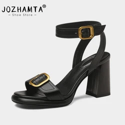 JOZHAMTA Size 34-39 Heeled Sandals For Women Summer 2023 High Heels Shoes Woman Real Leather Buckle Ankle Strap Chunky Sandal