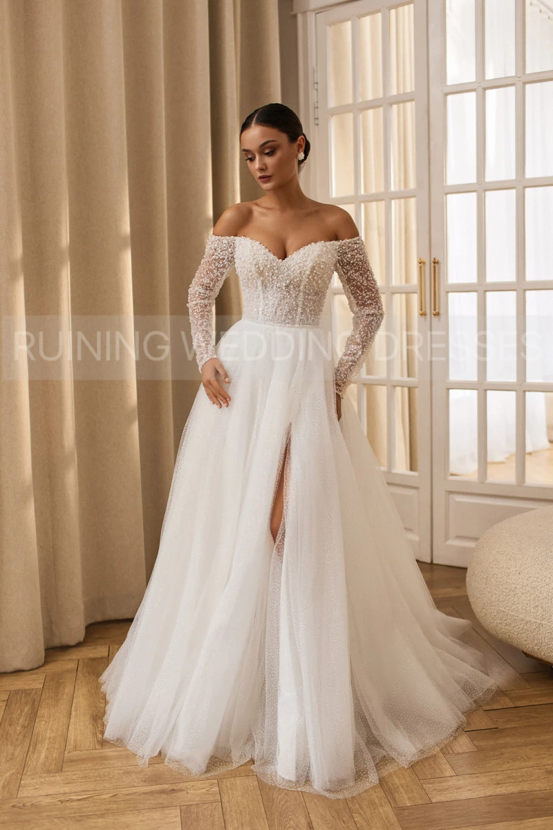 2026 Off Shoulder Pearls Wedding Dress Long Sleeve Beading Tulle A-line Boho Bride Dress With High Slit Women's Bridal Gowns