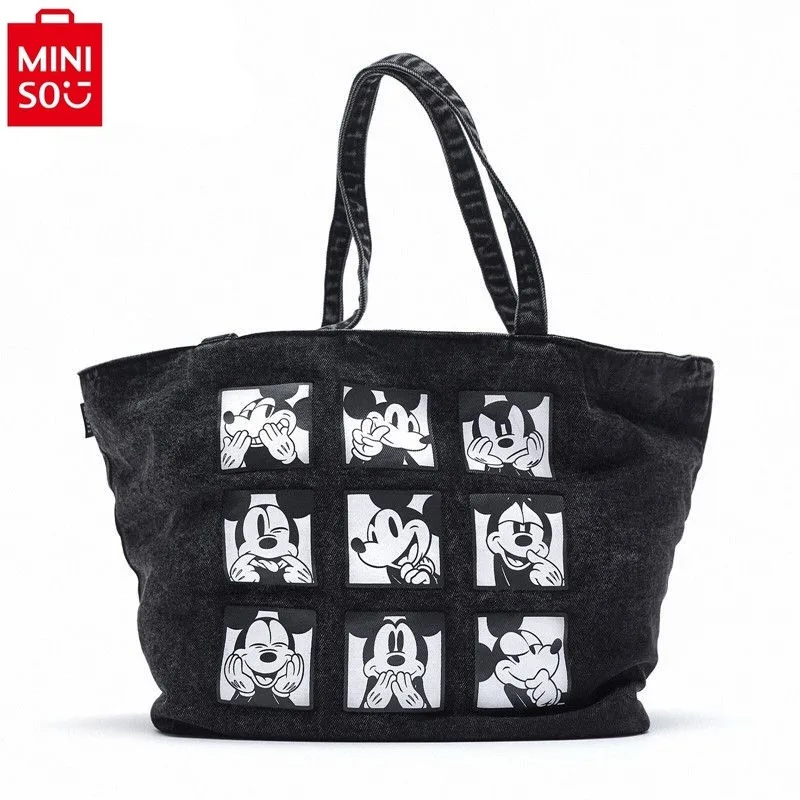 MINISO 2024 New Women's Fashion High Quality Canvas Tote Bag Cute Cartoon Mickey Print Large Capacity Casual Storage Bag