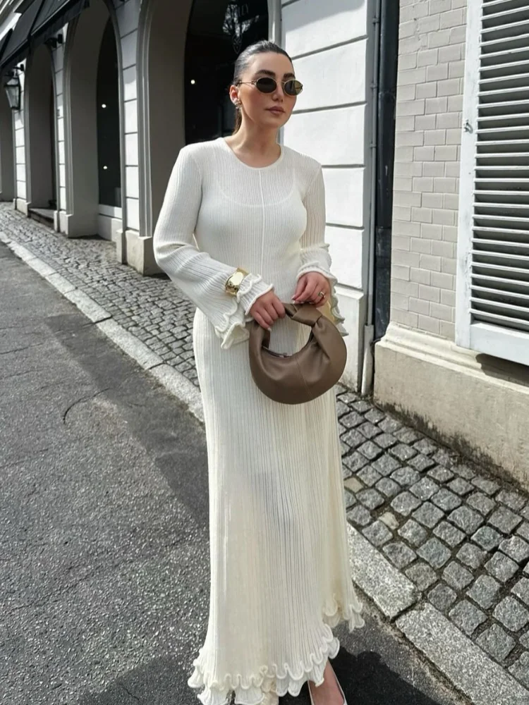 Elegant Solid Ruffles Knitted Dress For Women Loose O Neck Long Trumpet Sleeve Maxi Dresses 2024 New Female White Knitwear