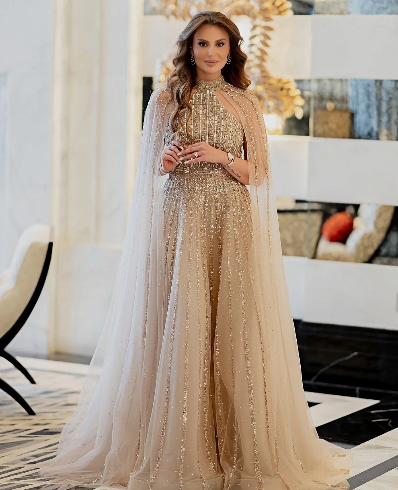 

Customized High-neck sleeveless shawl A-LINE beaded luxury evening dresses dresses for special occasions Dresses gala