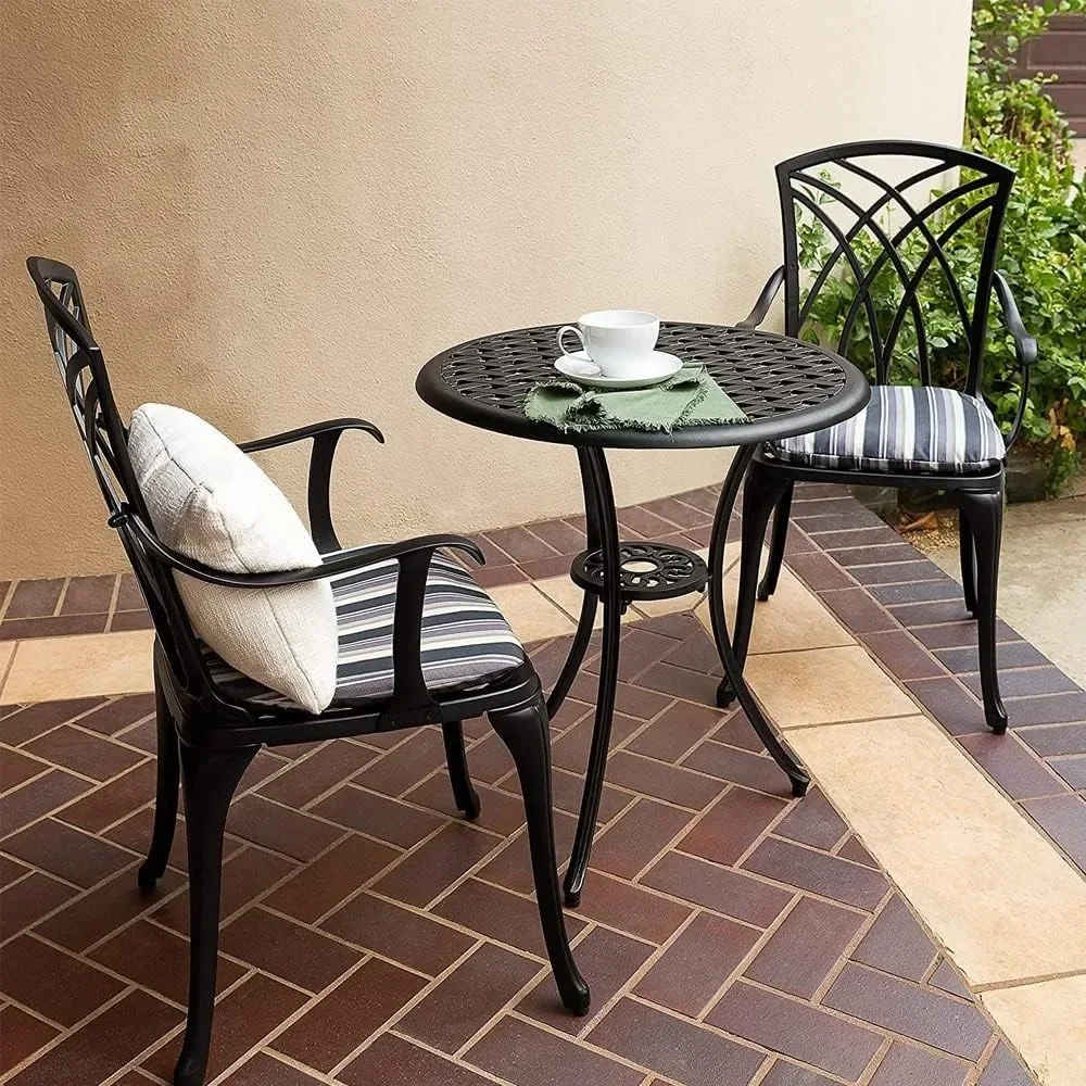 

Outdoor Bistro Set 3 Piece Outdoor Bstro Table and Chairs Set Table with Umbrella Hole, Cushions, Cast Aluminum Patio Furniture