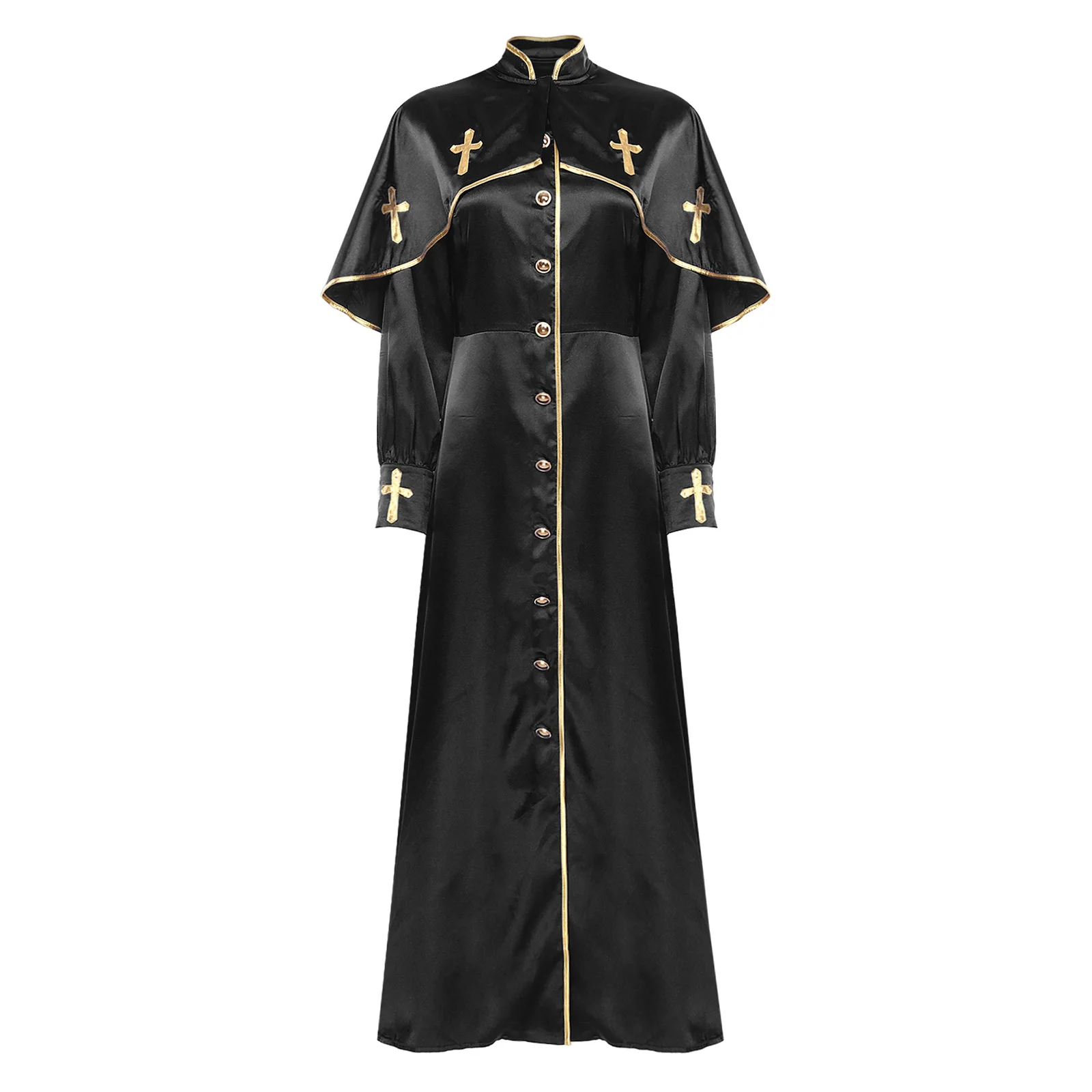 

Women Church Choir Robe Metallic Trim Stand Collar Long Sleeve Button Loose Elegant Dress Halloween Theme Party Performance