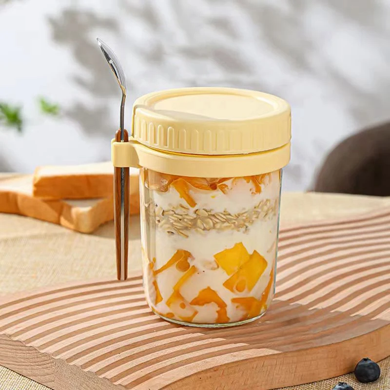 BAAG-Set Toples Oatmeal Semalam yang Dapat Digunakan Kembali, Stoples Kaca Tersegel 350 Ml Dengan Tutup Dan Sendok, Digunakan Untuk Sereal Dan Yogurt.