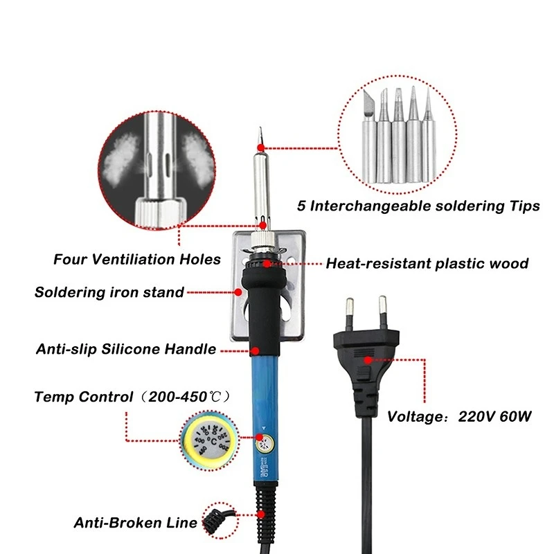 Soldador eléctrico para uso profesional, máquina de lápiz de calor de temperatura ajustable, 60W, enchufe de 110V o 220V, con accesorios disponibles