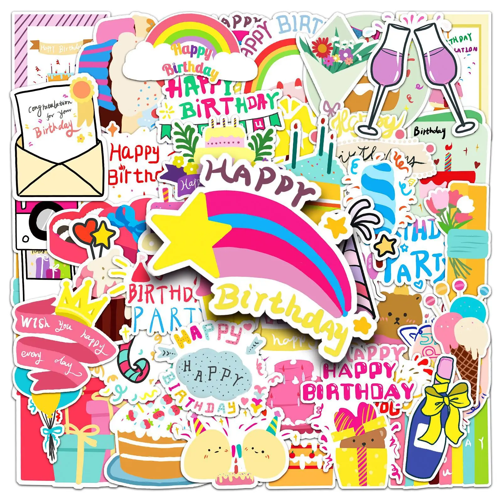 10/50PCS Cartoon Happy Birthday Sticker Funny Graffiti Waterproof Decal Kids Toy Gift for Luggage Guitar Scooter Helmet Desk